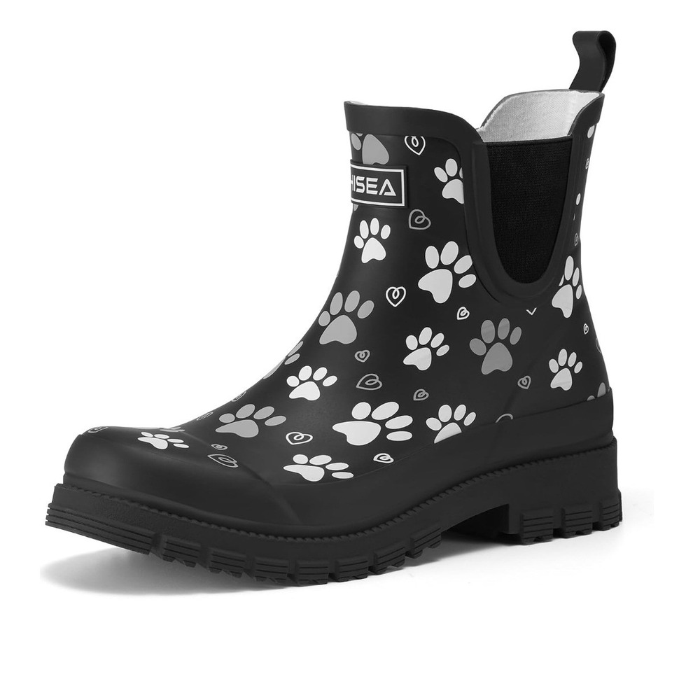 Norty Rain Boots Women 8 Black Paw Print Waterproof Chelsea Lug Sole 654 NWT - Picture 3 of 16